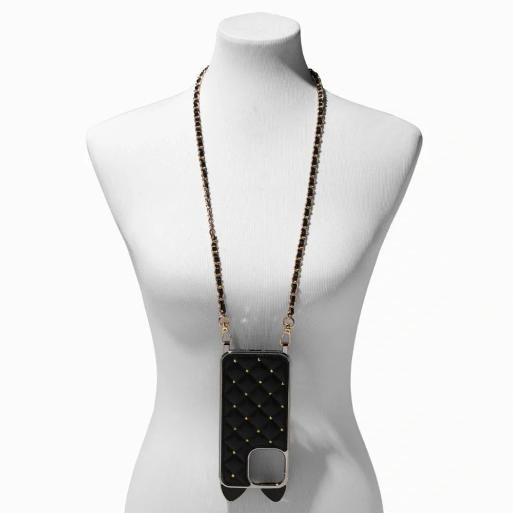 NEW Claire's Black Cat Quilted‎ Phone Case with Lanyard for iPhone 13 Pro Max